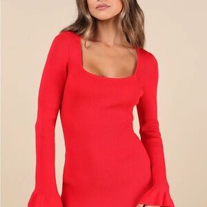 Vibrant Red Ribbed Dress with Flared Sleeves